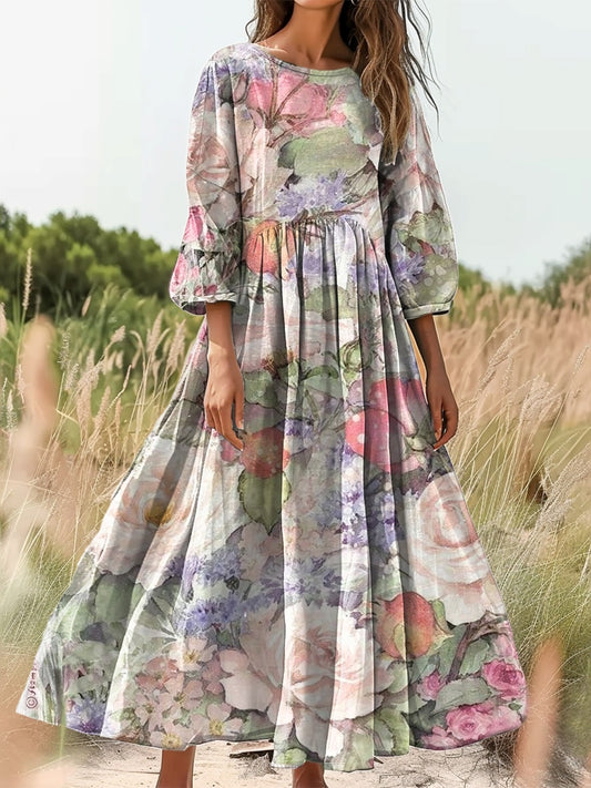 Women's Floral Print Flowy Cotton Crew Neck Dress