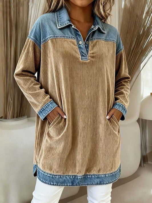 Women'S Casual Lapel Contrast Color Stitching Long Top 