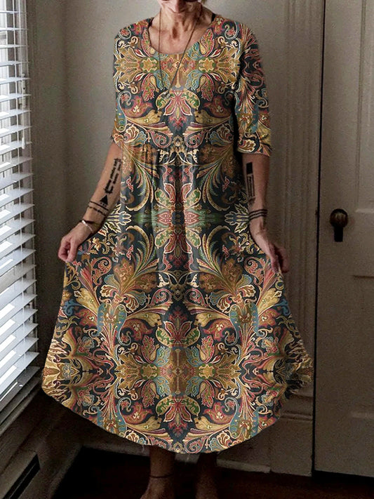 Women's Retro Ethnic Totem Print Long Sleeve Pocket Cotton Dress