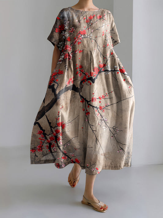 Retro Blossom Japanese Art Round Neck Short Sleeve Casual Midi Dress