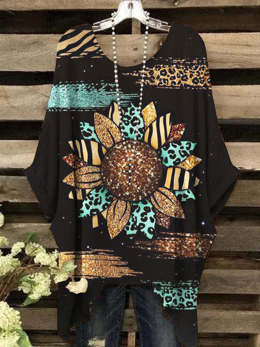 Women's Western Leopard Chrysanthemum Abstract Print Irregular Top