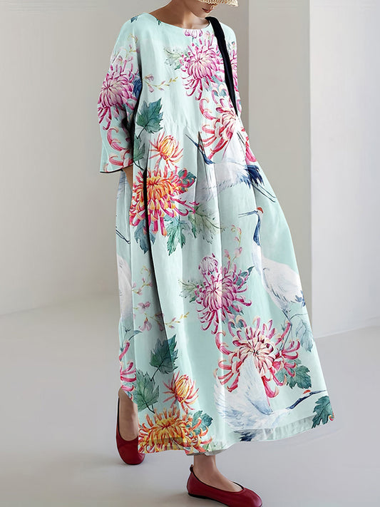 Japanese Art Crane Chrysanthemum Print Casual Midi Dress