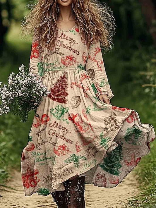 Women's Christmas Hand-Painted Pattern Cotton and Linen Dress