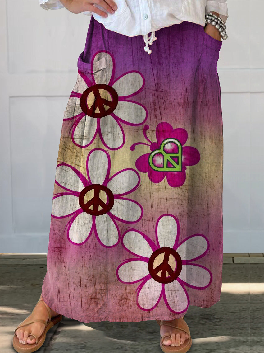 Women's Hippie Floral Art Print Linen Pocket Skirt