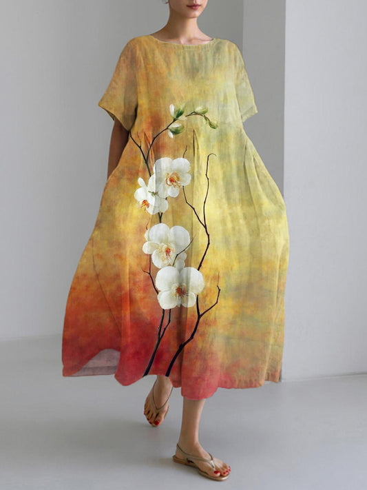Gradient Orchid Japanese Art Linen Blend Maxi Dress