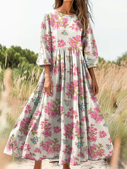 Women's Floral Print Flowy Cotton Crew Neck Dress