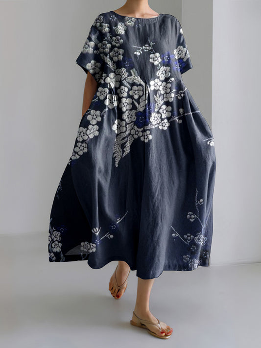 Women Japanese Art Plum Blossom Linen Blend Maxi Dress