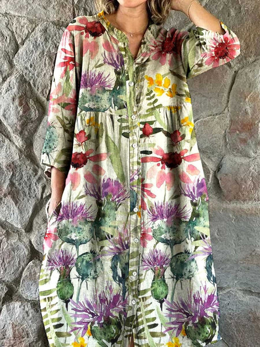 Women's Watercolor Floral Pattern Shirt Cotton And Linen Dress With Po