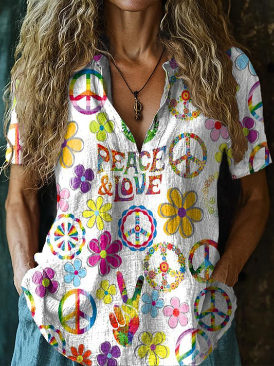 Women's Hippie Peace Love Sign Graphic Print Casual Short Sleeve Cotto