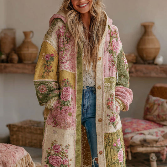 Women's Vintage Patchwork Floral Art Cozy Knit Hooded Cardigan