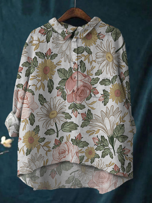 Women's Flower Print Casual Cotton And Linen Shirt