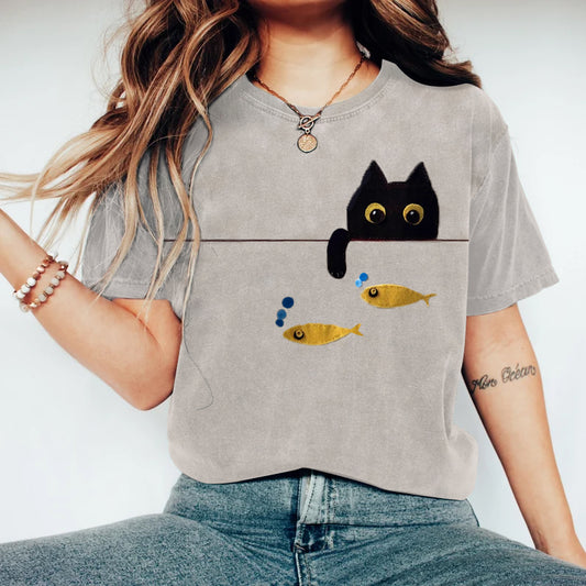 Lovely Black Cat Applique Art Crewneck Cozy T Shirt