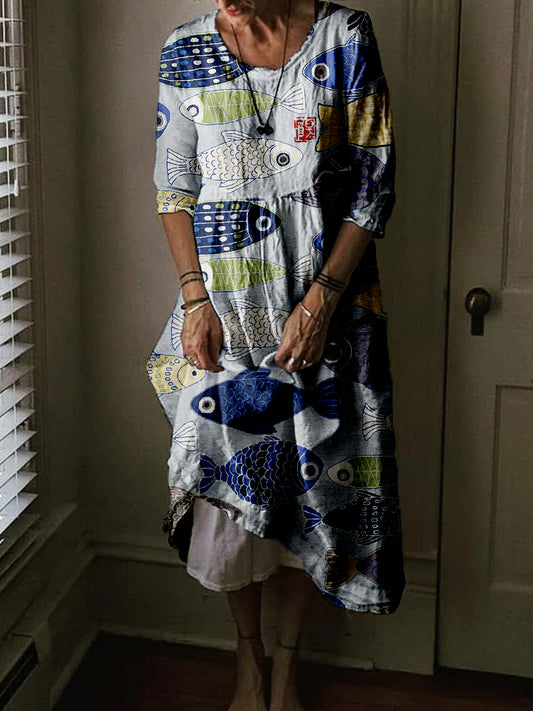 Vintage Fish Japanese Art Linen Blend Comfy Midi Dress