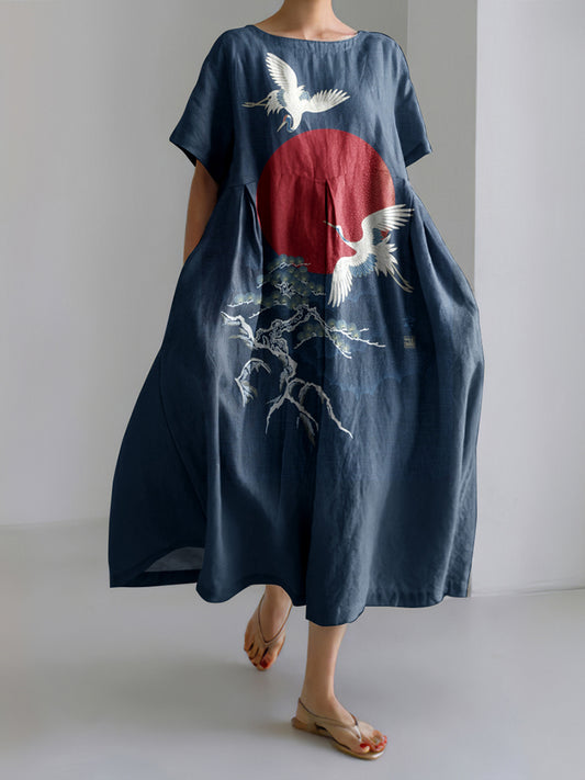 Japanese Crane & Red Sun Printed Linen Blend Maxi Dress