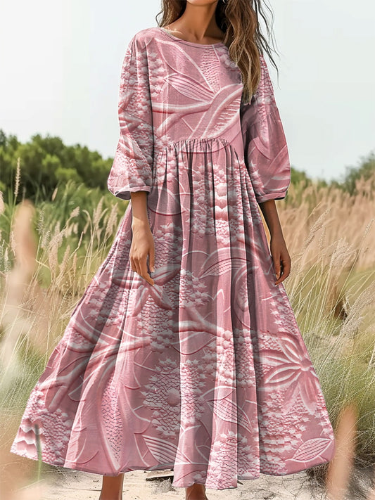 Women's Floral Texture Art Print Flowy Cotton Crew Neck Dress