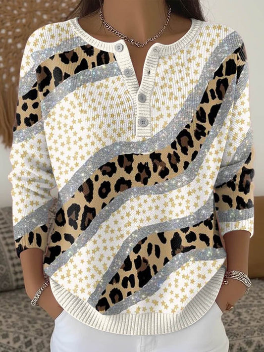 Women'S Casual Button-Down Collar Printed Knitted Top 