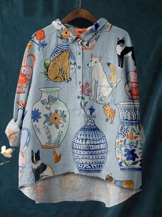 Women's Cute Cat Printed Linen Cotton Casual Shirt