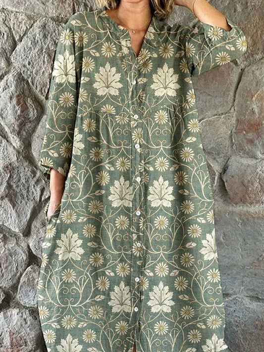 Women's Retro Floral Pattern Cotton Shirt Dress