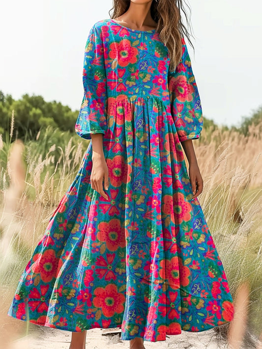 Women's Bohemian Floral Print Flowy Cotton Crew Neck Dress