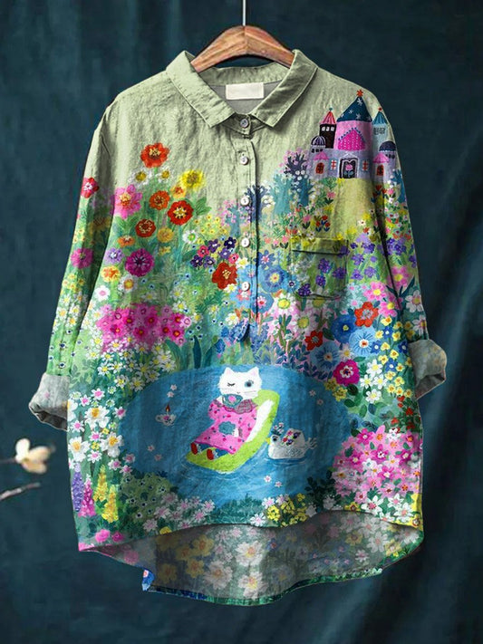 Vintage Lovely Cat Floral Art Print Casual Cotton And Linen Shirt