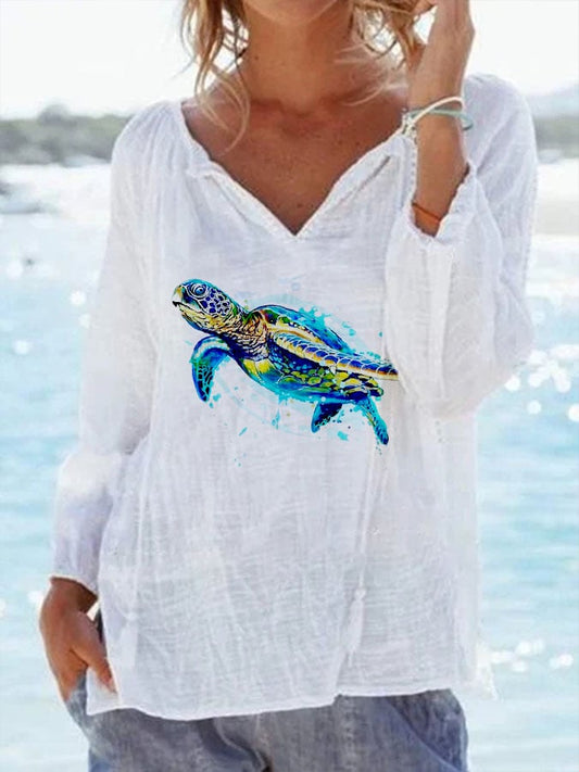 Women'S Sea Turtle Solid Color Long Sleeve V Neck Casual Shirt