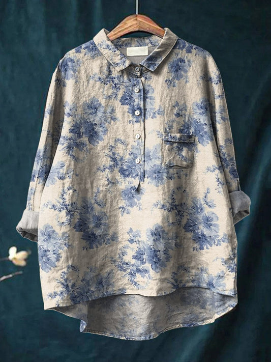 Vintage Lovely Floral Art Print Casual Cotton And Linen Shirt
