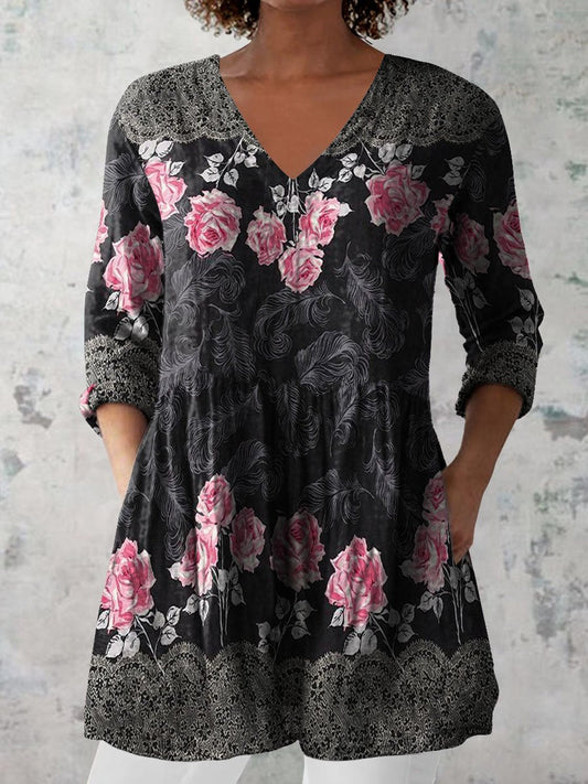 Women's Retro Floral Art Print Casual Cotton And Linen V-neck Top