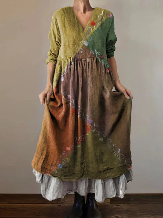 Women's Colorful Patchwork Pattern Art Print V-Neck Button Pocket Cott