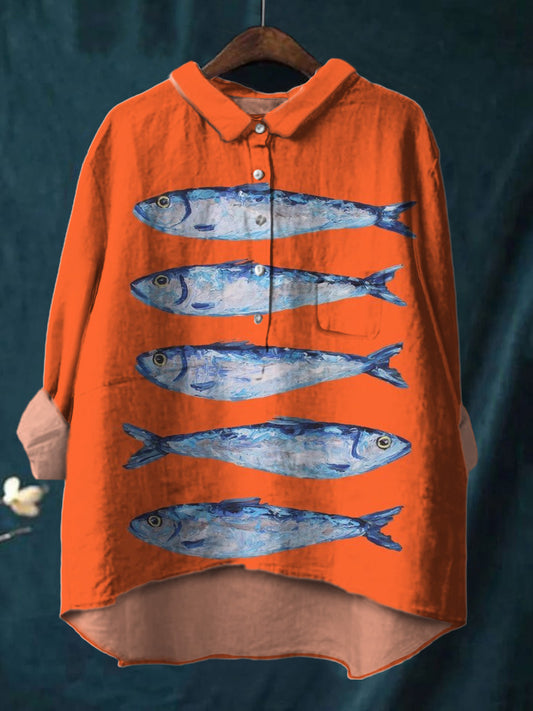 Simple Marine Animal Fish Print Cotton And Linen Shirt