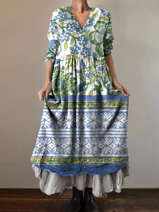 Women's Floral Art Print V-Neck Pocket Cotton Dress