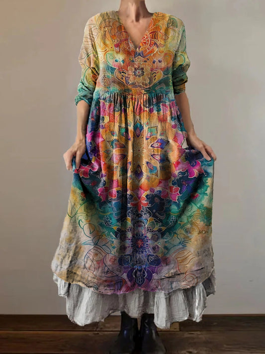 Women's Tie-Dye Mandala Art Print V-Neck Button Pocket Cotton Dress