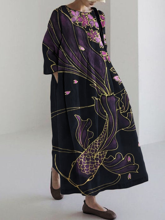 Flowy Fish Cherry Blossom Japanese Art Linen Blend Maxi Dress