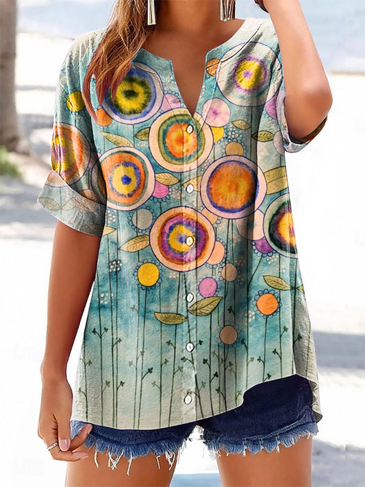 Women's Colorful Abstract Floral Pattern Art Print Cotton Linen Casual