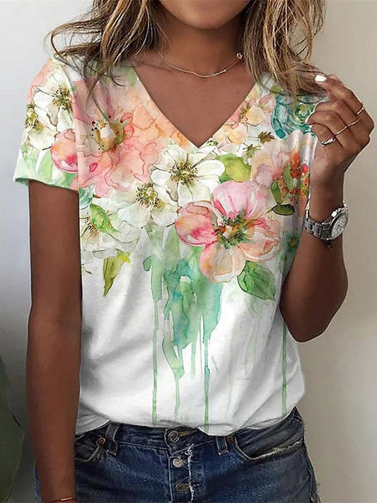 Women's Watercolor Floral Print V-Neck T-Shirt