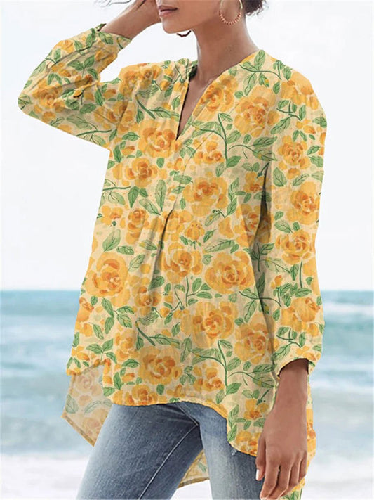 Women's Vintage Lovely Floral Art Print Casual Linen V-neck Shirt