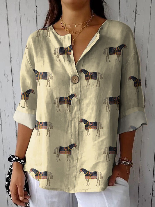 Horse Repeat Pattern Printed Women's Casual Cotton Linen Shirt