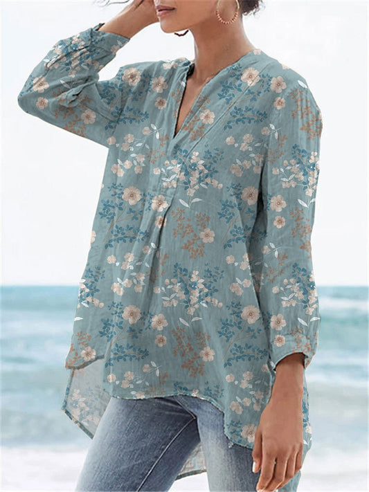 Vintage Petite White Floral Pattern Printed Women's Casual Linen V-neck Shirt