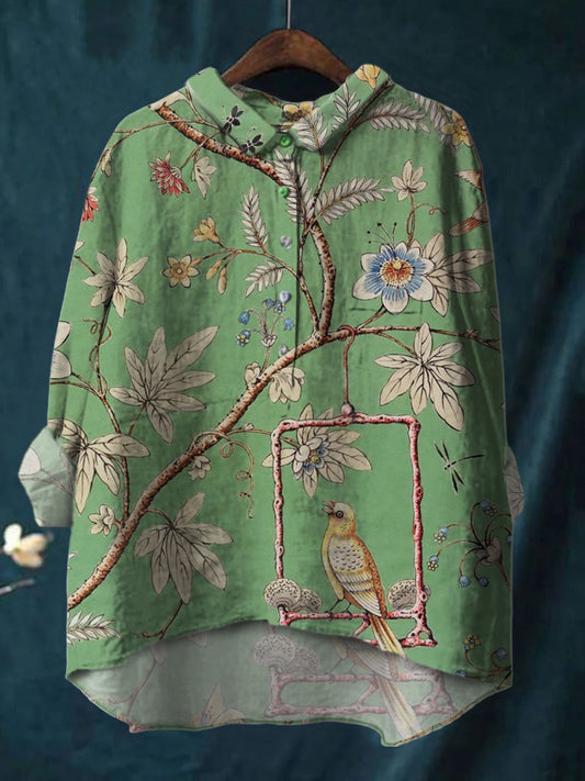 Meticulous Plant Bird Print Cotton And Linen Shirt