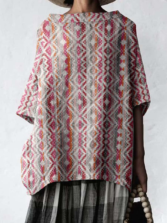 Women's Classic Retro Art Geometric Pattern Cotton and Linen Top