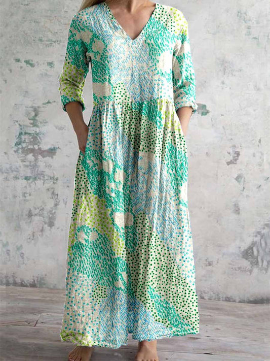 Women's Elegant Vintage Floral Pattern Cotton and Linen Dress with Poc