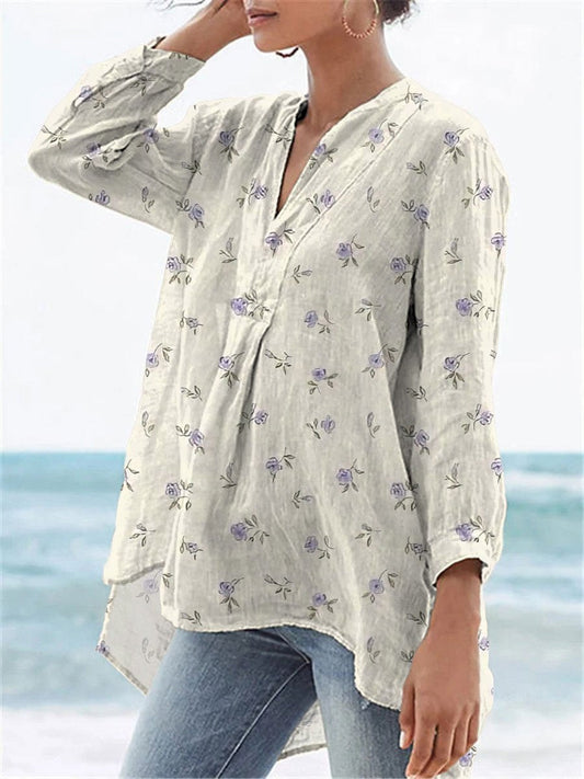 Sweet Petite Blue Floral Pattern Printed Women's Casual Linen V-neck Shirt