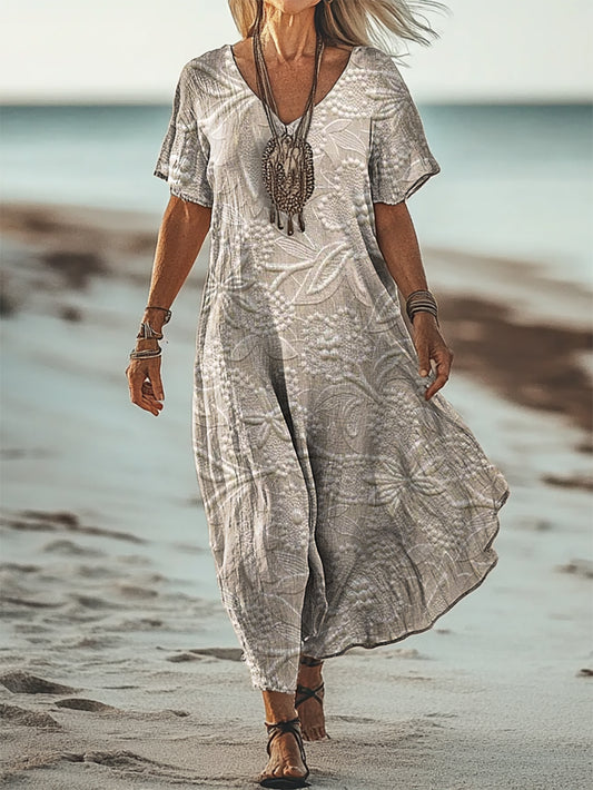 Women's Vintage Floral Texture Art Print Short Sleeve Pocket Cotton Li