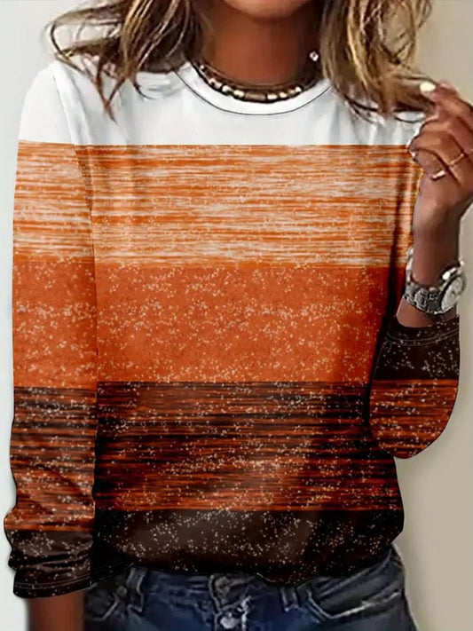 Women'S Casual Patchwork Contrast Color Round Neck Long-Sleeved Top 