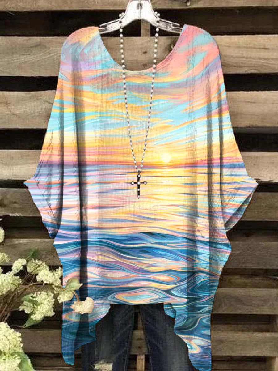 Women's Vintage Wave Evening Art Print Crew Neck Top