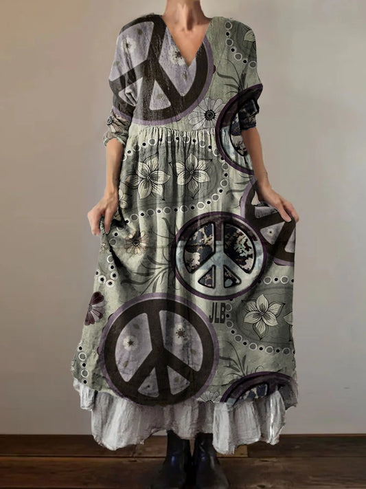 Women's Hippie Art Print V-Neck Button Pocket Cotton Dress