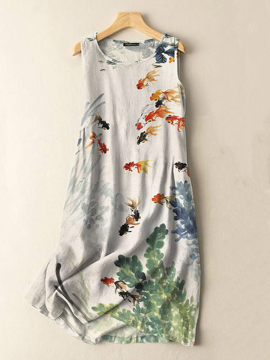 Vintage Watercolor Fish Art Print Sleeveless Cotton And Linen Midi Dre