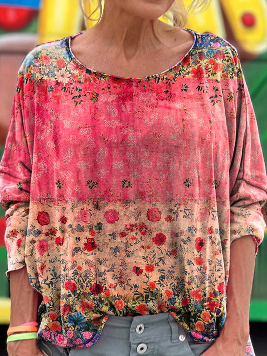 Floral Art Print Casual Long Sleeve T-Shirt