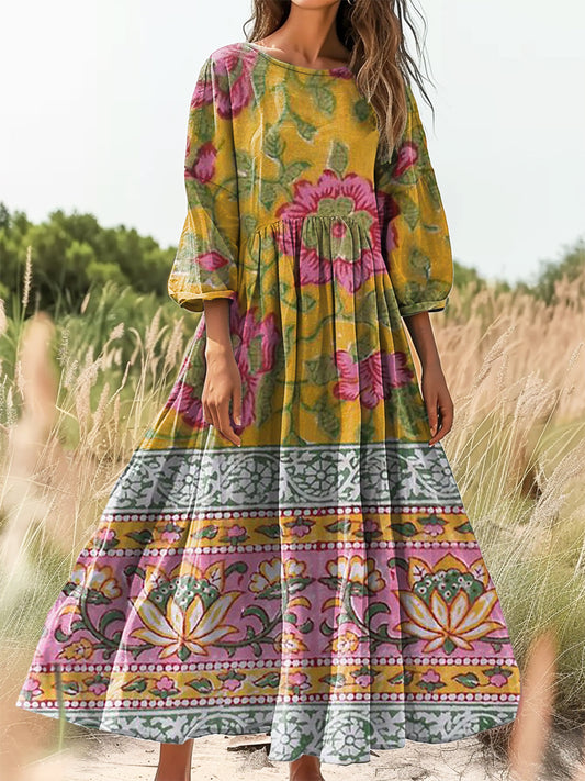 Women's Vintage Ethnic Floral Art Print Flowy Cotton Crew Neck Dress