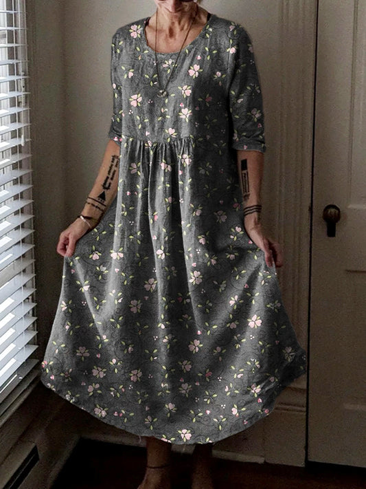Women's Vintage Floral Art Print Pocket Cotton Dress