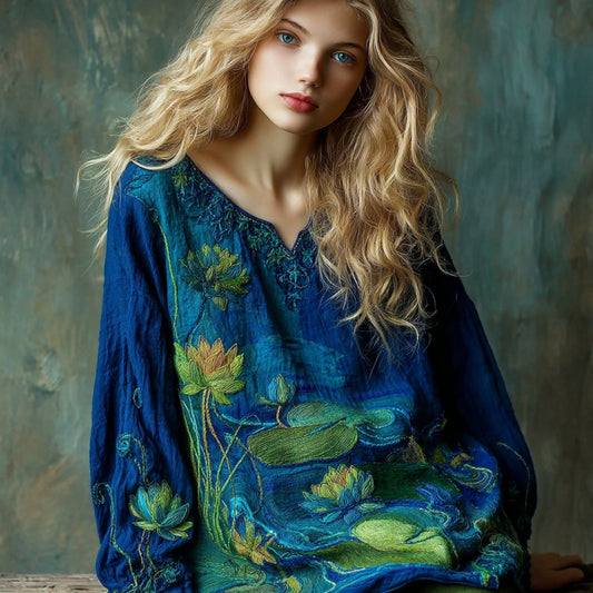 Women's Vintage Lotus Floral Landscape Art Embroidery V-neck T-shirt